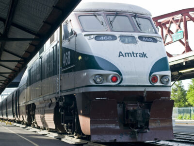 Looking up at the engine of an Amtrak Cascades train at the platform at Union Station.