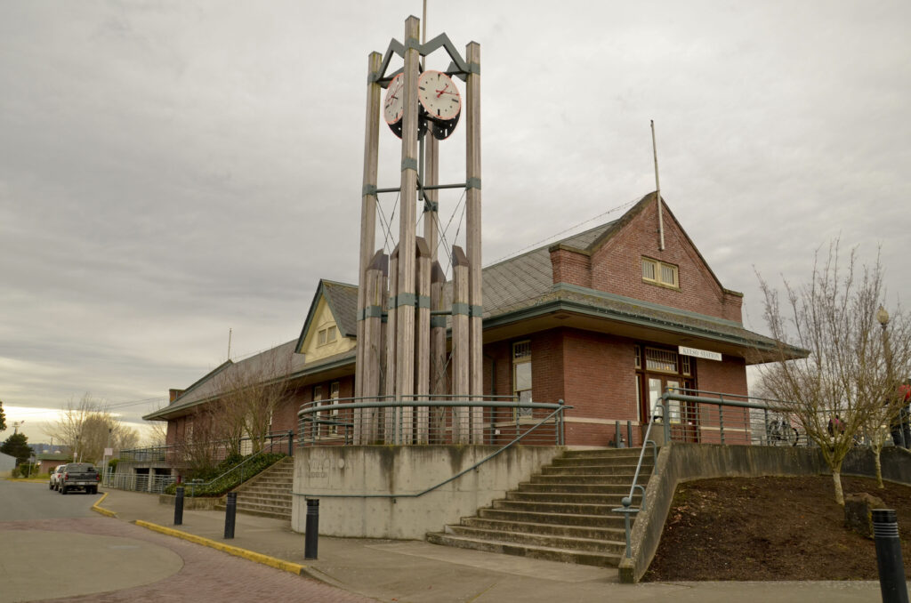 The decorative clock tower in front of the station.