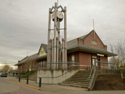 The decorative clock tower in front of the station.