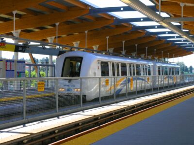 The skytrain arriving in Vancouver, BC.