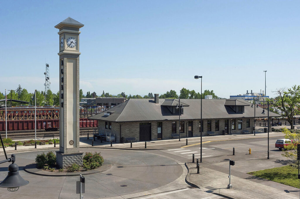 The clock tower in front of the Albany Station.