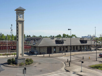 The clock tower in front of the Albany Station.