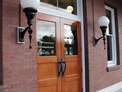 Beautiful wood front doors on the Eugene Train Station.