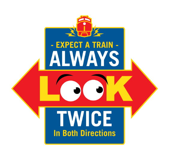 Graphic images says "Expect a train. Always look twice in both directions."