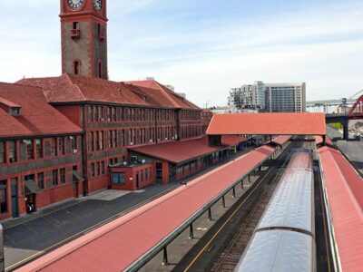 Aerial view of a train at the platform at Union Station.