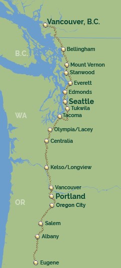 A map showing all the stops of the Amtrak Cascades train in Oregon and Washington.