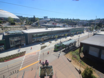 An overhead view of the Tacoma Station, showing a trolly car.