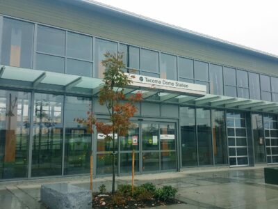 The glass front of the Tacoma Dome Station.