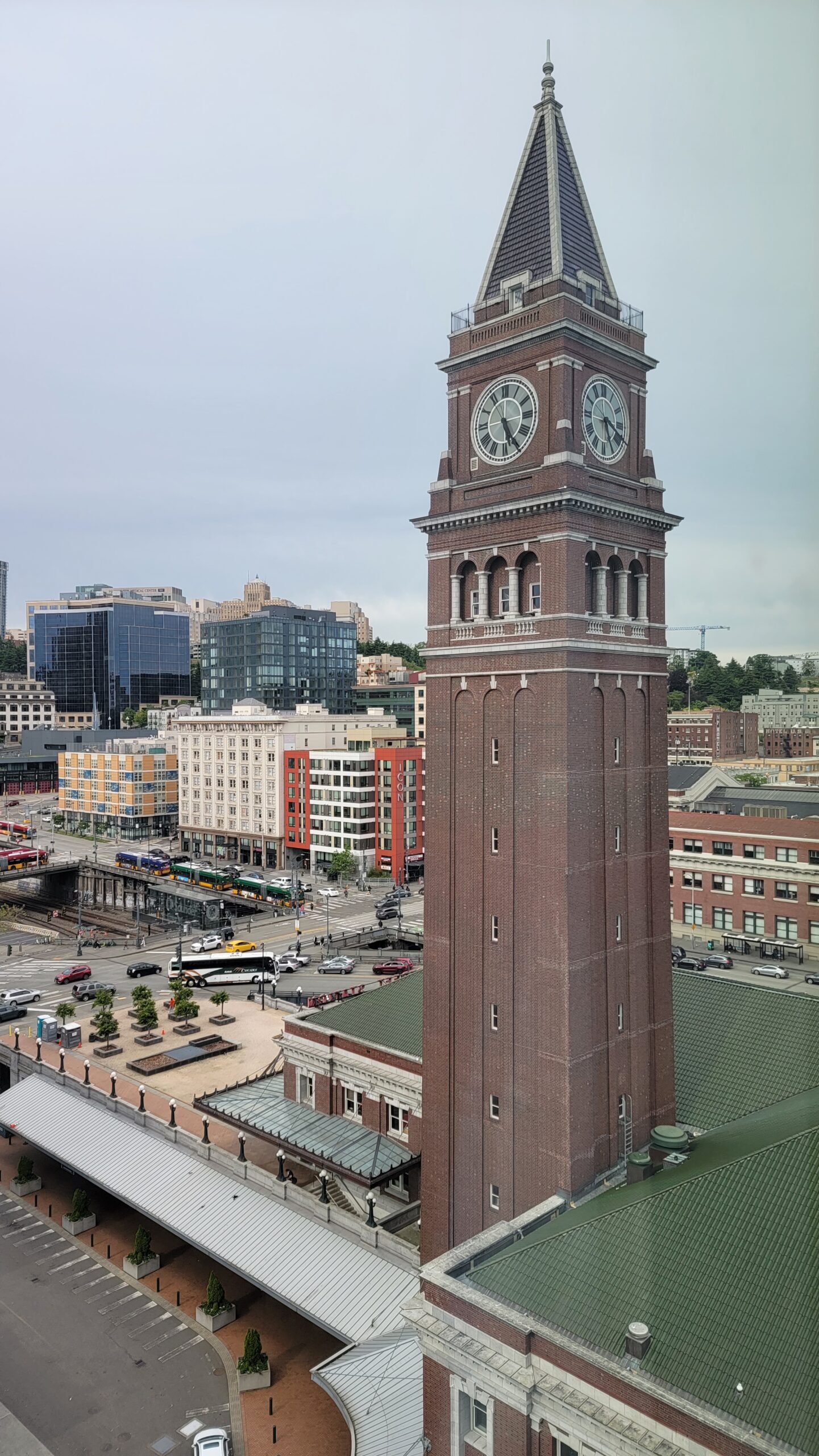 An aerial view of the clock tower at King Street Station.